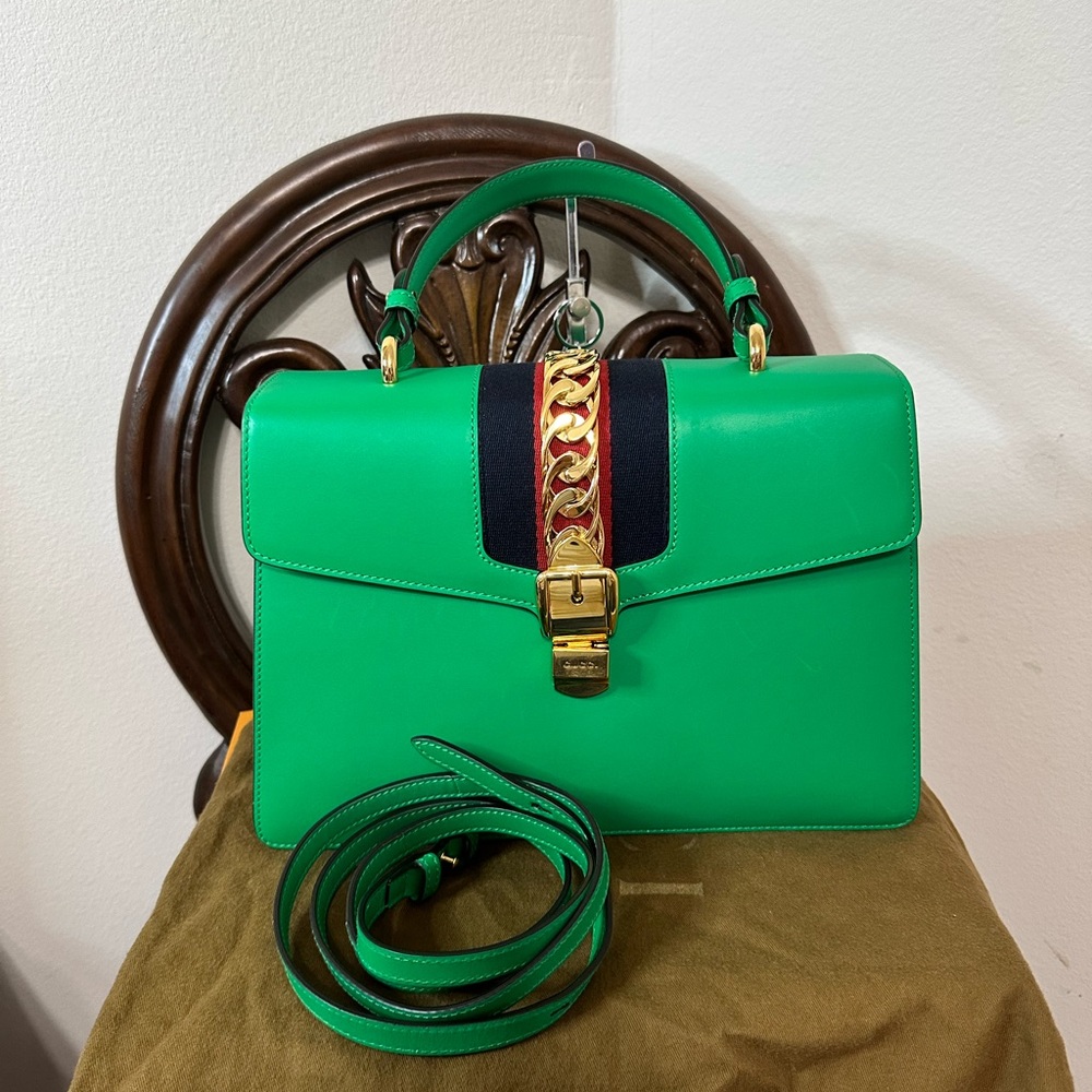 Gucci Green Satchel with Gold and Navy Accents